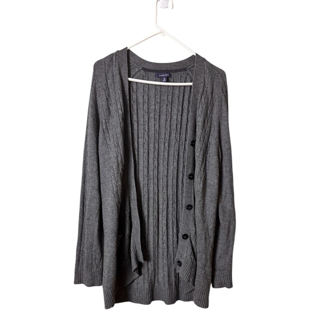 Lands’ End Gray Cable Knit Cardigan Sweater Sz M 10-12